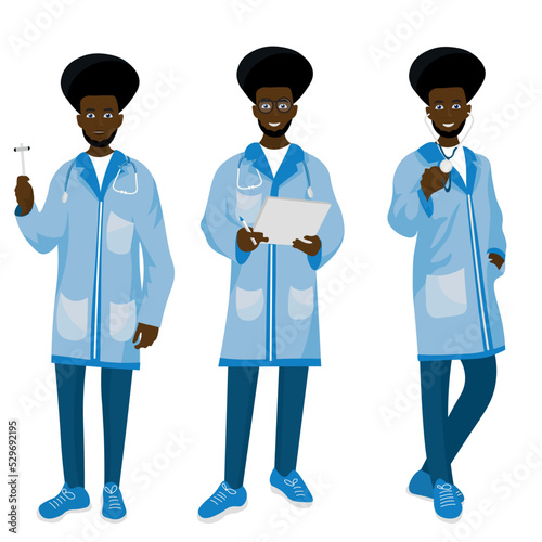 Set of male African-American doctors on white background