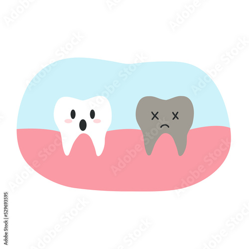 Dead decay tooth character in cartoon flat style. Vector illustration of disgruntled unhealthy teeth, dental health concept, oral hygiene