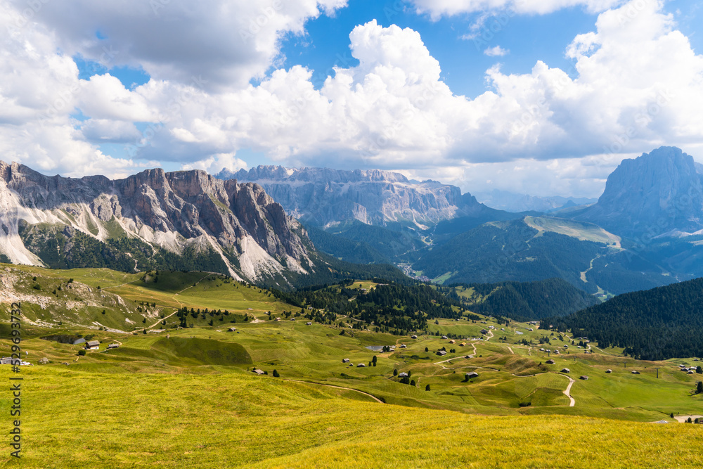 View of the Sella Group from the Seceda. Val Gardena Italy