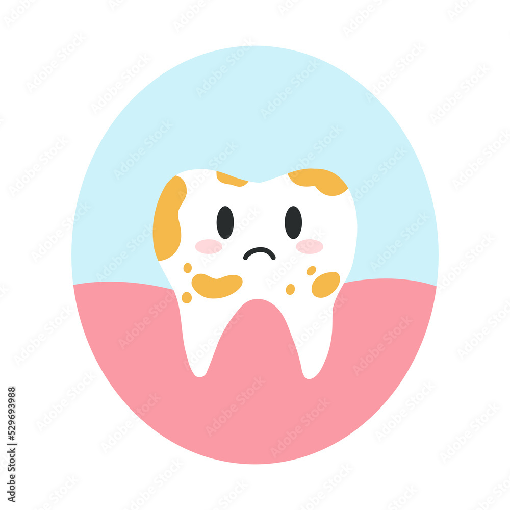 Dirty tooth cartoon character in cartoon flat style. Vector illustration of disgruntled unhealthy teeth character, dental care concept, oral hygiene Dirty tooth cartoon character in cartoon flat style. Vector illustration of disgruntled unhealthy teeth character, dental care concept, oral hygiene