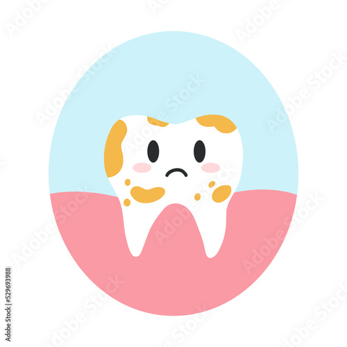 Dirty tooth cartoon character in cartoon flat style. Vector illustration of disgruntled unhealthy teeth character, dental care concept, oral hygiene