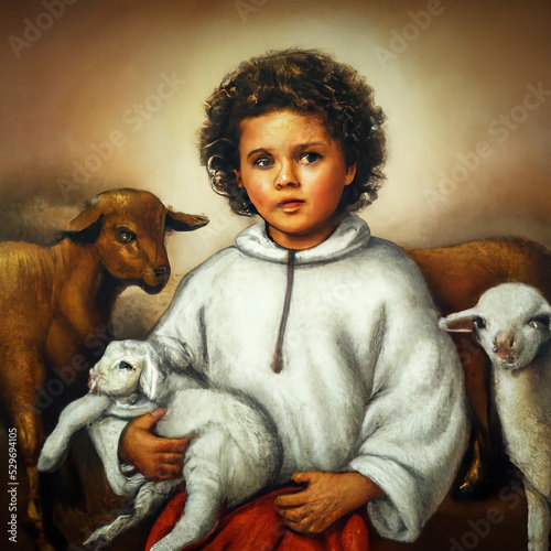 A boy with a rabbit and sheep photo