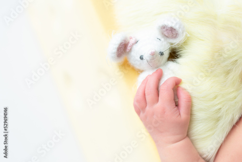 hand of a newborn with a toy. small pens. mouse toy