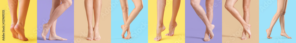 Collage with legs of beautiful barefoot women on colorful background