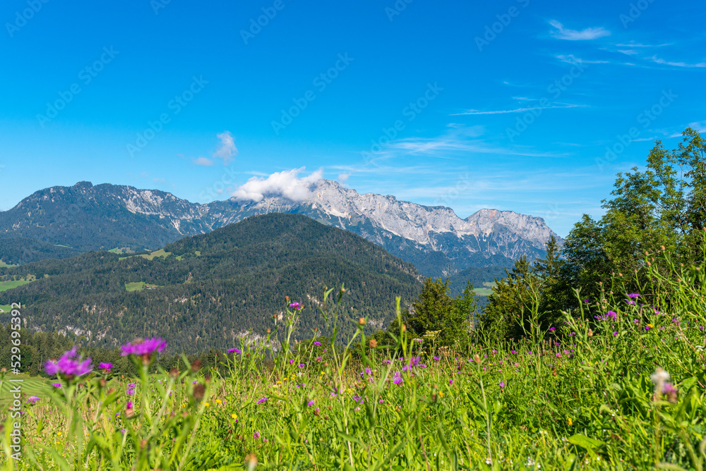 Panoramic view of the Berchtesgaden Alps with the Berchtesgaden Hochthron as the highest peak of the Untersberg massif in the Northern Limestone Alps, named after the market town of Berchtesgaden 