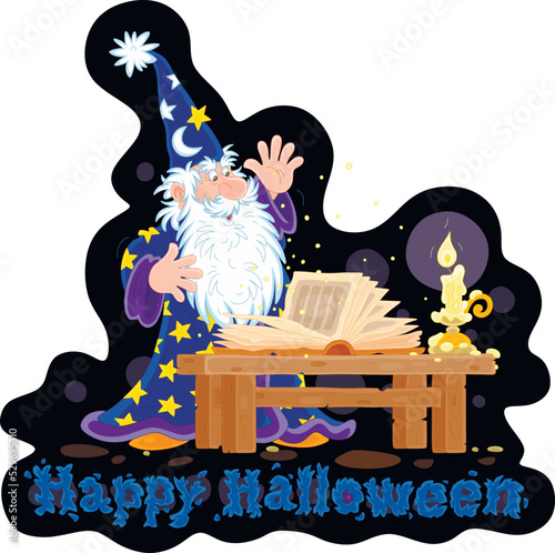 Magician astrologer saying spells from his old magic book by candlelight on a dark Halloween night, vector cartoon greeting card