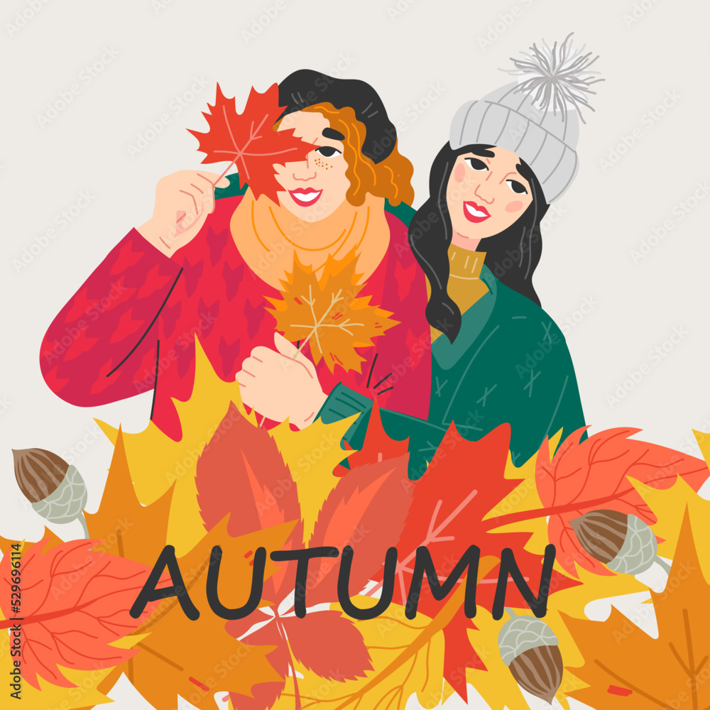 Autumn banner or poster template with two girls laughing and posing with yellow maple leaves. Autumn or fall season card or banner design, flat vector illustration.
