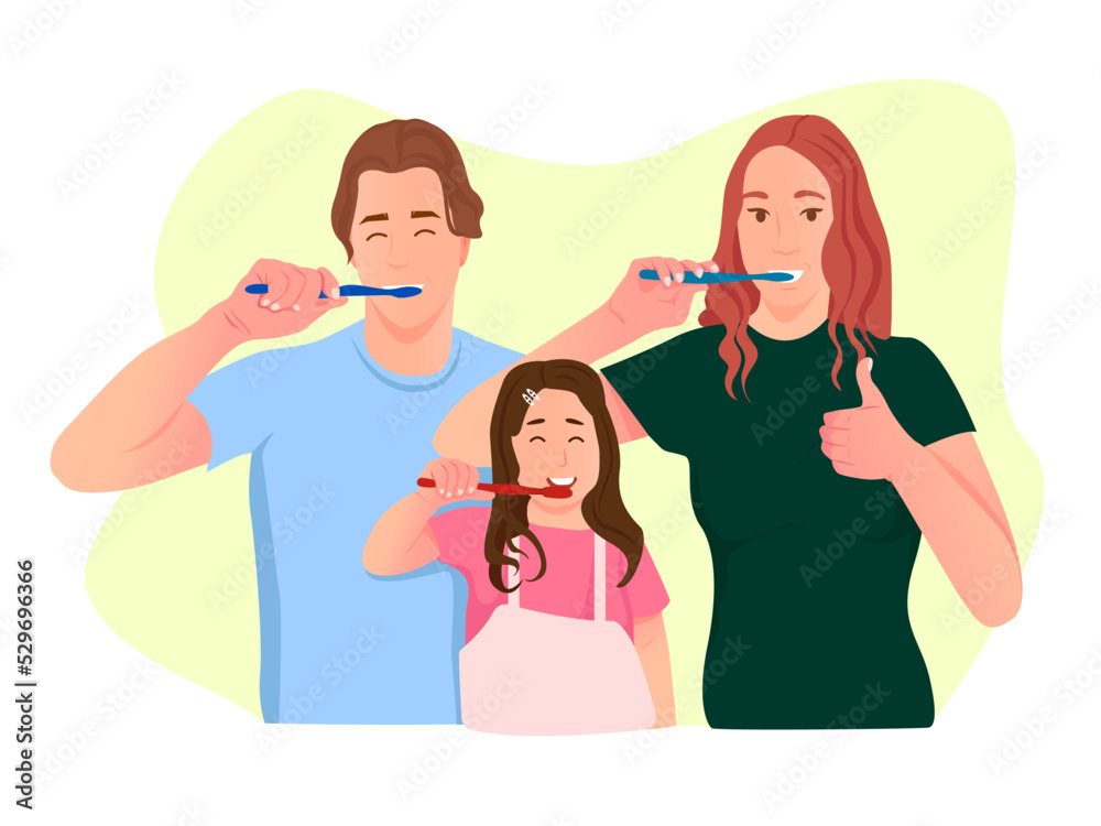 Family brushing their teeth. Brushing teeth for oral hygiene. Clean white tooth. Healthy teeth. Family brushing their teeth. Brushing teeth for oral hygiene. Clean white tooth. Healthy teeth.