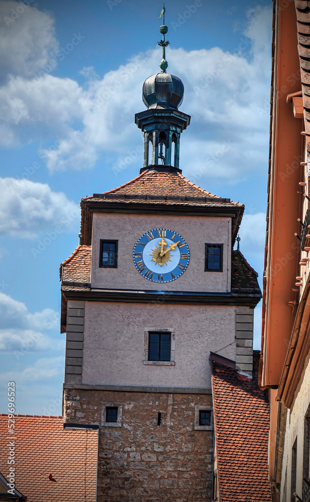 View of the historic city tower of the city of Rothenburg ob der Tauber, Bavaria, Germany