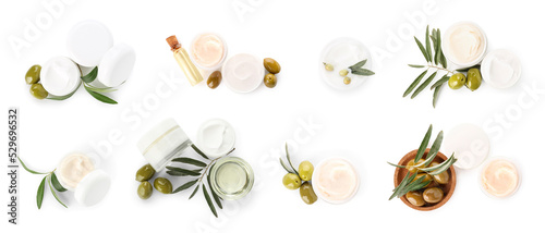 Set of cosmetics with olive oil extract isolated on white, top view