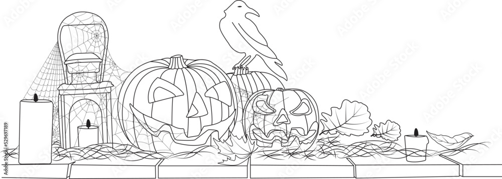 Halloween pumpkin with a skull-shaped candle burning with flame on the Halloween background