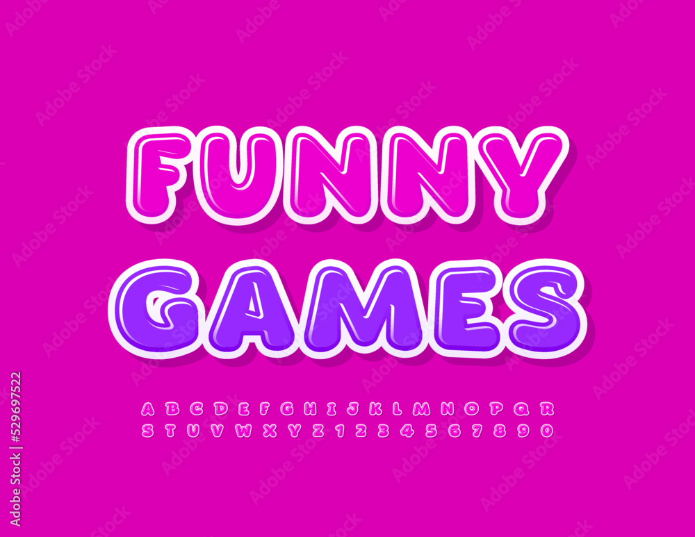 Vector happy logo Funny Games. Modern Glossy Font. Bright creative Alphabet Letters and Numbers set