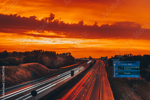 Sunset over the highway A4 in Poland  Wysoka  Lower Silesia.