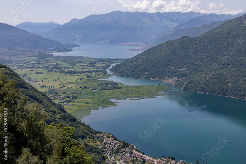 View over Lake Como, from the north side. This lake is northern Italy and it is surrounded by the mountains.