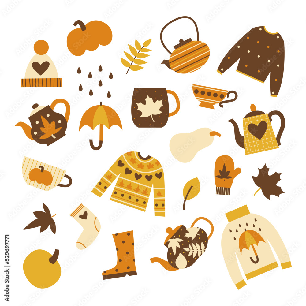 Cozy fall flat vector illustration set. Autumn hugge concept. Halloween and thanksgiving elements and symbols collection.