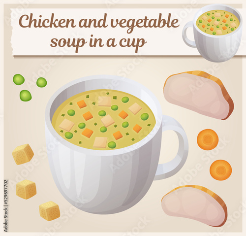 Chicken vegetable soup in a cup cartoon icon. Bullion with chicken meat, green peas, carrot cubes and croutons vector illustration. First course food with ingredients in set