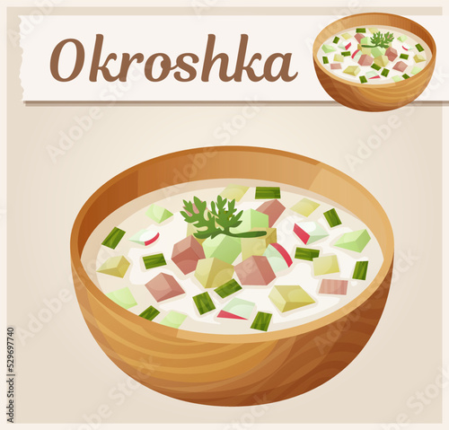 Okroshka bowl vector icon. Russian cold soup cartoon illustration
