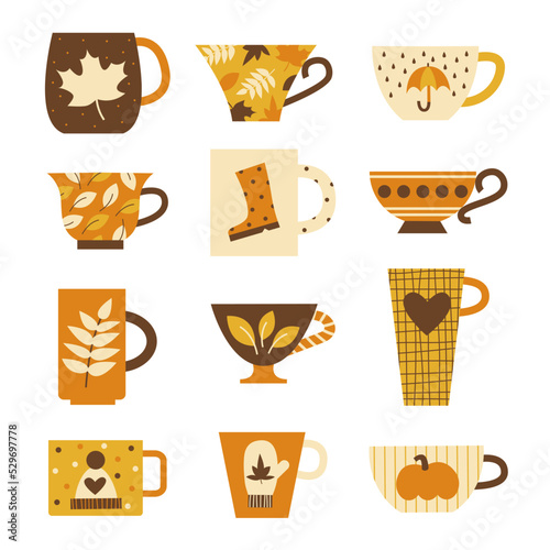 Cozy fall mugs and cups flat vector illustration set. Autumn hugge concept. Halloween and thanksgiving elements and symbols collection.
