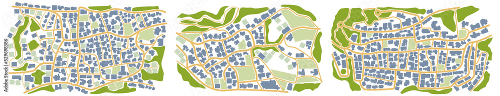 Fototapeta premium View from above the map buildings. City top view. Vector illustration. Map navigation to own house. Top view. Abstract background. Cute simple design. Vector illustration isolated on white.