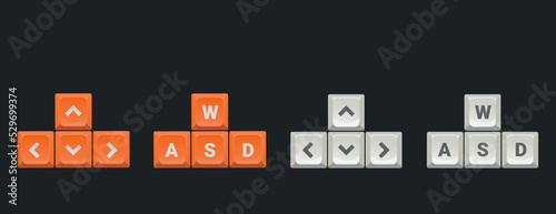 Vector vivid illustration with the main keys for games. In orange and white isolated on a dark background. 