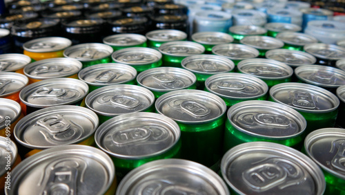 Close-up of many different colorful soda cans photo