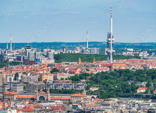 Aerial view with the Zizkov Television Tower transmitter in Prague