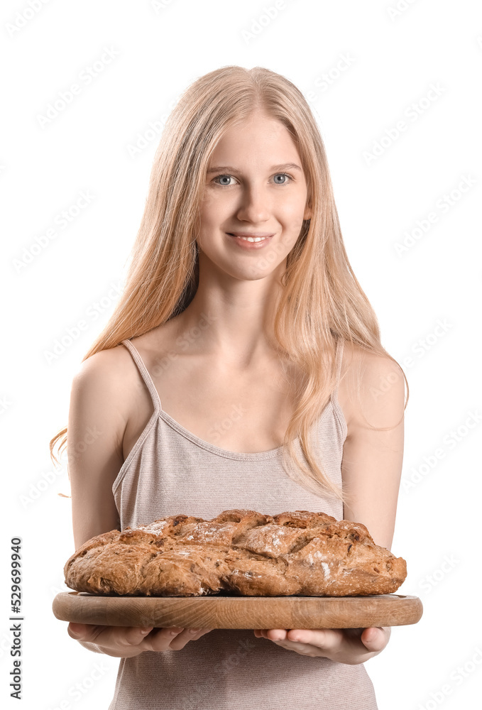Young woman holding board with fresh bread on white background Young woman holding board with fresh bread on white background