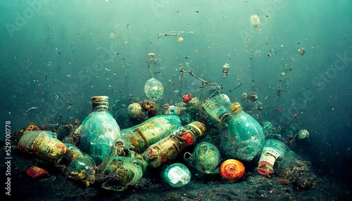 Trash and waste in our oceans, sea filled with dump, damage to the oceans, warning picture