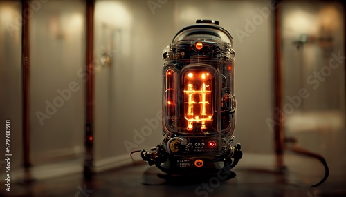 Cyberpunk lamp with futuristic nixie tubes on display, 3d render photo