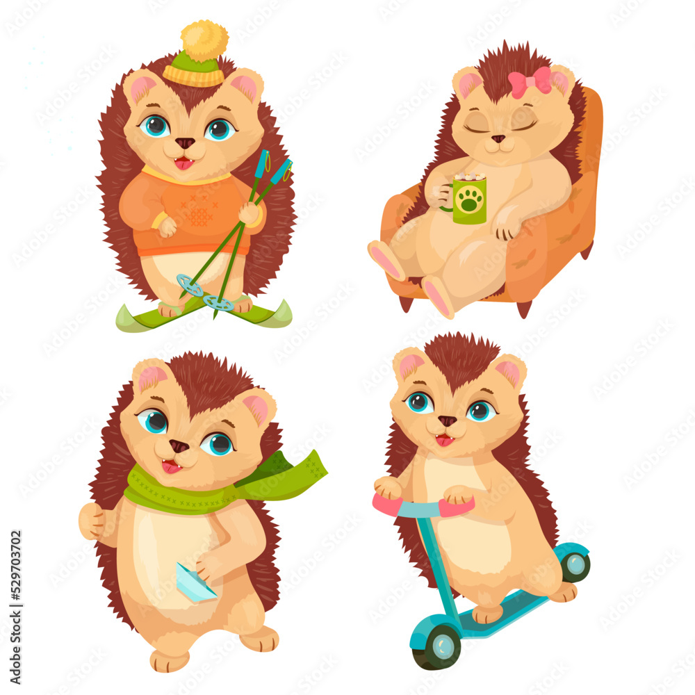 A set of Fluffy Hedgehogs doing different things. They rest, go for a walk, prepare for the holidays. Merry Porcupine. Vector illustration on a white background. A set of Fluffy Hedgehogs doing different things. They rest, go for a walk, prepare for the holidays. Merry Porcupine. Vector illustration on a white background.