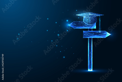 Concept of education direction, college choice with signpost and graduation cap in futuristic style