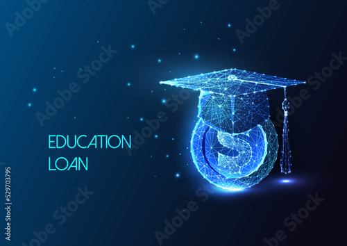 Concept of education loan with graduation cap and dollar coin symbols in futuristic style on blue