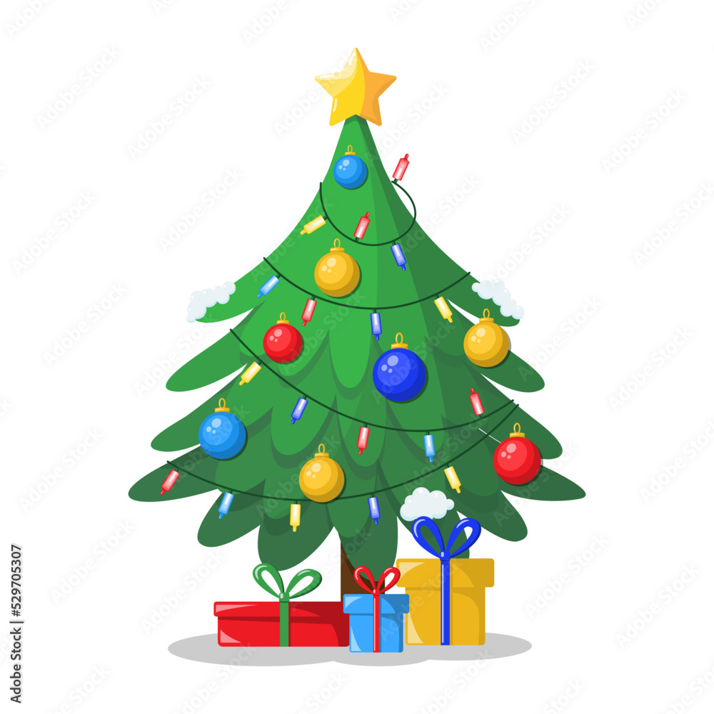 Naklejka premium Christmas tree with gifts and decorations.