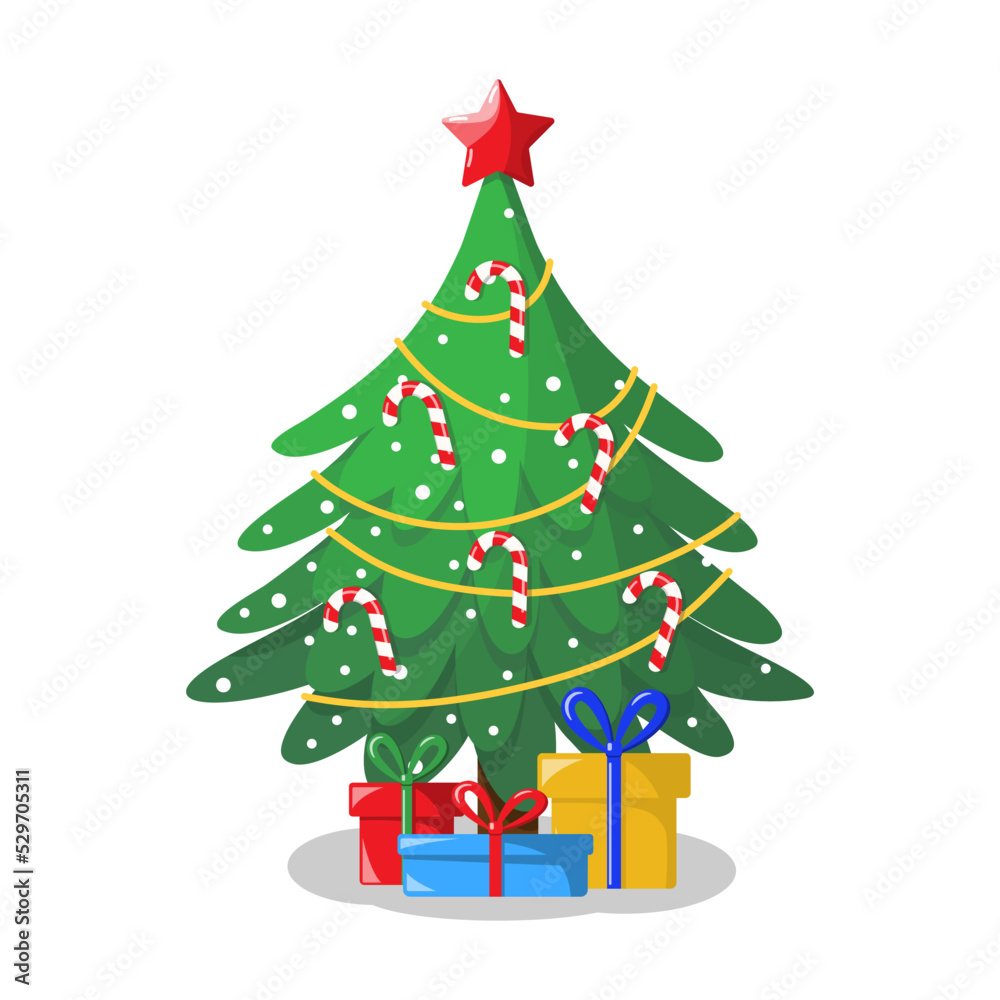 Christmas tree with candy cane and boxes. Christmas tree with candy cane and boxes.