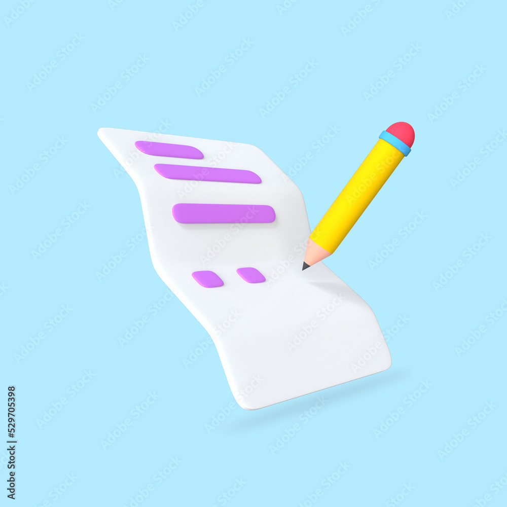 Pencil Writing on White Paper Taking Note document 3d rendering pastel color illustration Pencil Writing on White Paper Taking Note document 3d rendering pastel color illustration
