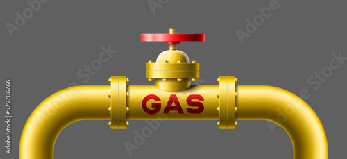 Yellow pipeline with big valve and red text gas on pipe vector illustration isolated