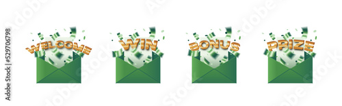 Golden different words with confetti and glitter pop up from green email envelope vector illustration for promotion and advertising set