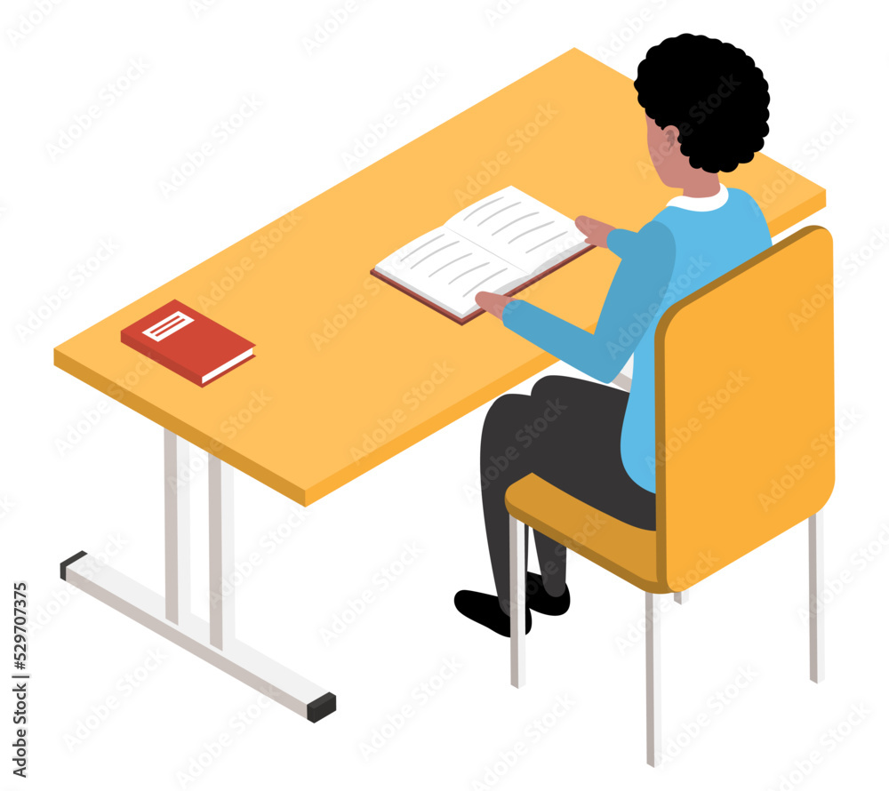 Fototapeta premium Student male character in library reading book sitting at table, man in bookshop vector flat design. Gyu get an education, read literature, studying lesson in notebook, doing homework in university