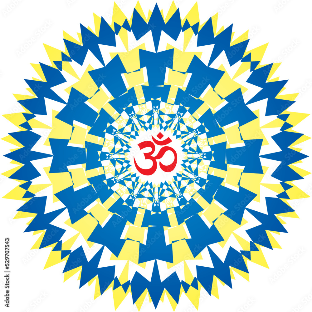 The openwork mandala with aum, om, ohm in center.  Colors of ukrainian flag. Circle ornament. Vector graphics.