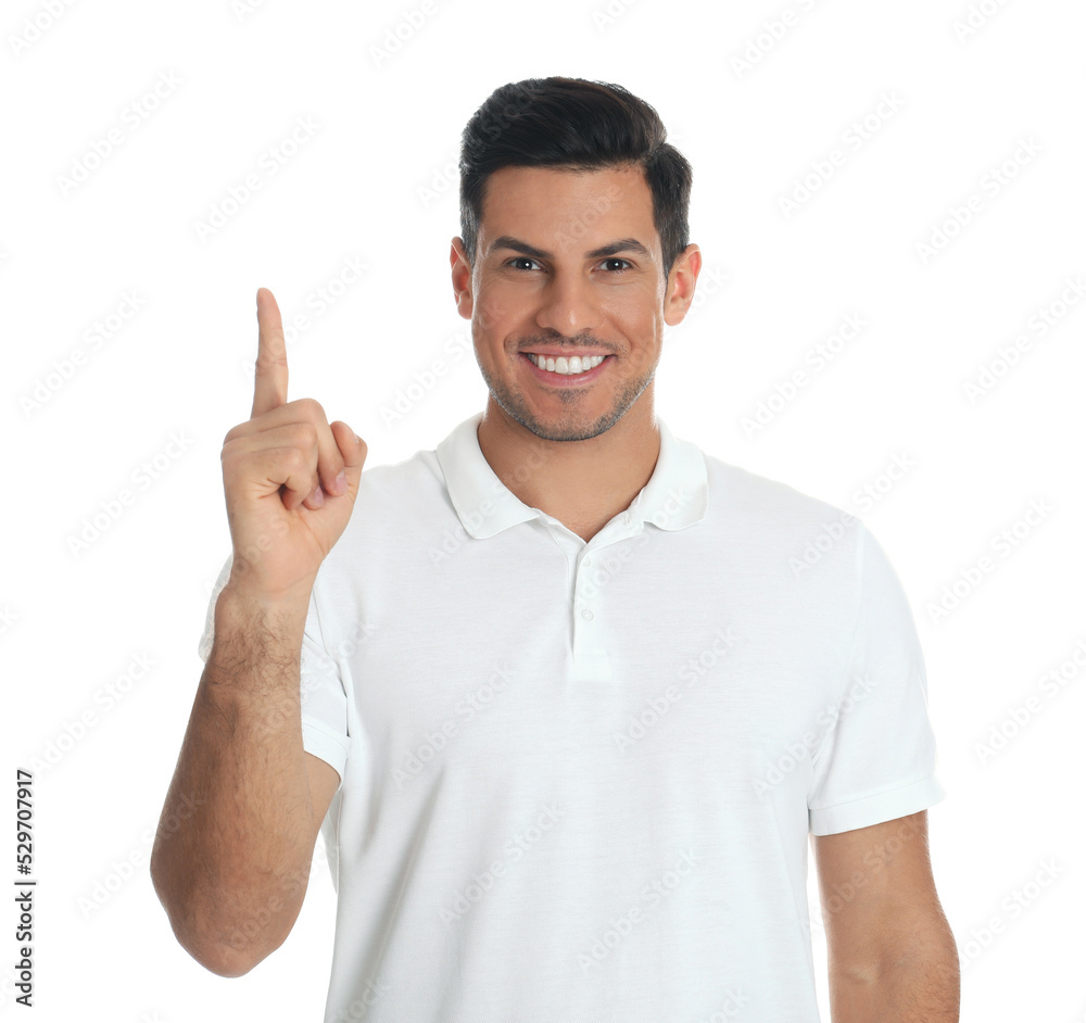Man showing number one with his hand on white background Man showing number one with his hand on white background