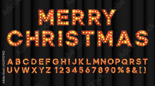 Merry Christmas marquee alphabet with bulb light shiny effect. Carnival or circus abc for banners and posters. Broadway title for showtime