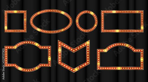 Marquee signboard with broadway led lamp light. Oval frame for showtime with bulb neon effect