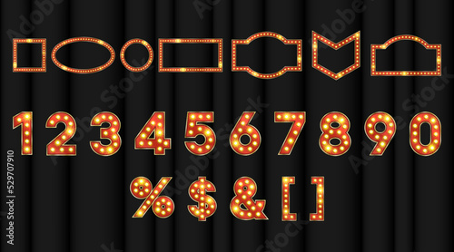 Red marquee light numbers and symbols with led shiny effect. 3d badge and signboard for movie night or broadway title