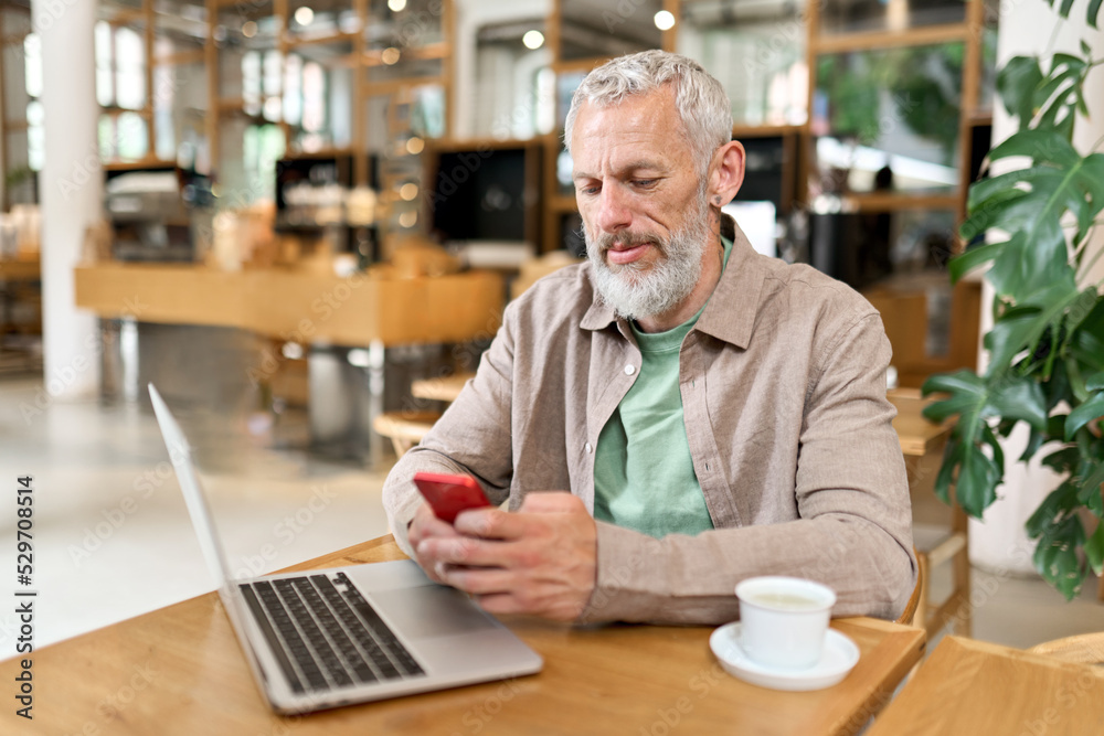 Middle aged gray-haired older adult business man, mature bearded male professional businessman holding smartphone using cell phone working, texting messages, scrolling mobile sitting at cafe table. Middle aged gray-haired older adult business man, mature bearded male professional businessman holding smartphone using cell phone working, texting messages, scrolling mobile sitting at cafe table.