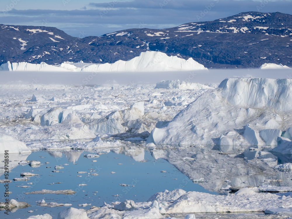 Awe-inspiring icy landscapes at the mouth of the Icefjord glacier (Sermeq Kujalleq), one of the fastest and most active glaciers in the world. A UNESCO world heritage site, Ilulissat, Greenland
Awe-inspiring icy landscapes at the mouth of the Icefjord glacier (Sermeq Kujalleq), one of the fastest and most active glaciers in the world. A UNESCO world heritage site, Ilulissat, Greenland