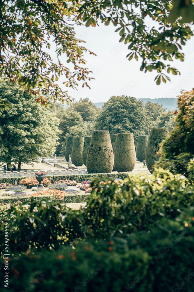 Exterior and garden view around Lanhydrock House in Cornwall, England