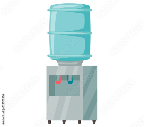 Floor water cooler with glass holder for office and home. Plastic bottle. Water dispenser with blue full bottle, as well hot and cold water taps. Portable source of drinking water isolated on white