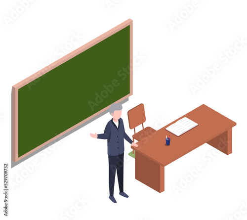 Teacher, professor standing in front of blank school blackboard vector illustration. School teacher in glasses, male instructor near school board conducts classes for students isolated on white