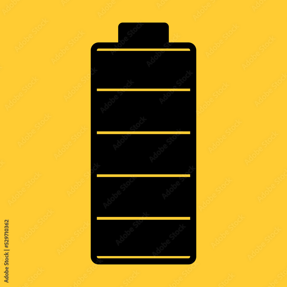 An illustration of a fully charged battery. Black and yellow colors. Vector icon An illustration of a fully charged battery. Black and yellow colors. Vector icon