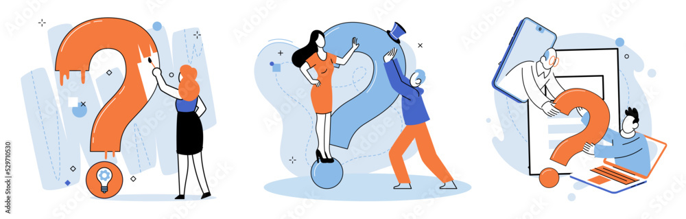 Fototapeta premium Question mark, obtaining information of interest. Problem and solution concept metaphor. FAQ help. Decision of information task, ask questions and receive answers, paint ladge sign decision of doubts